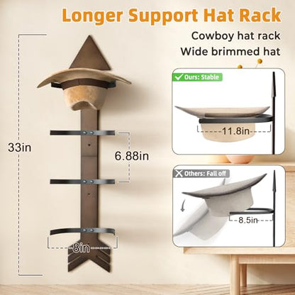 Cowboy Hat Rack for Wall, Wood Arrow Design, Hold 4 Wide-Brim Hats, Walnut - color: Walnut