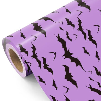 WRAPAHOLIC Bat Halloween Wrapping Paper - Mini Roll - 17 Inch x 16.5 Feet - Purple and Black Bat Wrapping Paper for Halloween Deco, Holiday, Party - color: Purple & Black Bat
