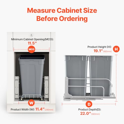 VEVOR Pull-Out Trash Can, 27 QT x2 Double Under Mount Kitchen Waste Container, Heavy Duty Garbage Recycling Bin with Door Kit and Soft Close Slide, for Kitchen Cabinet, Sink, Under Counter (Grey) - size: 54 QT (27 QT x 2), style: With Soft Close