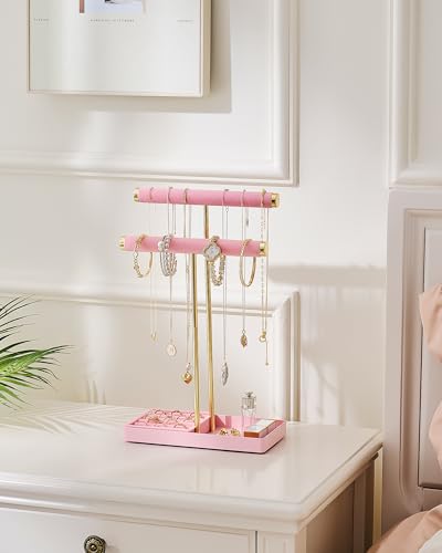 Lolalet 2-Tier Necklace Holder Display, Jewelry Stand with Ring Tray -Pink - color: Pink