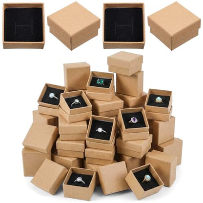 48 Pack Small Jewelry Ring Gift Boxes, 2x2x1.2 Inch Brown Krafts Paper Ring Boxes with Foam Insert, Bulk Square Cardboard Earring Packing Box for Weddings Rings, Necklaces, Business Retail