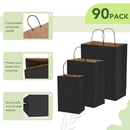 MESHA 90 Pack Black Paper Gift Bags with Handles Bulk, 3 Sizes 5/8/10 Inch - color: Black, size: 1 Count (Pack of 90)