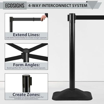 ECOSlGNS 8 Pack Heavy Duty Crowd Control Stanchions for Banks, Events, Retail w/ 10ft Retractable Belt, Non-Slip Weighted Rubber Base (Black) - color: Black, size: Rectangle Base - 8 Pack