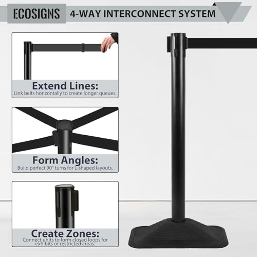 ECOSlGNS 12 Pack Heavy Duty Crowd Control Stanchions for Banks, Events, Retail w/ 10ft Retractable Belt, Non-Slip Weighted Rubber Base (Black) - color: Black, size: Rectangle Base - 12 Pack