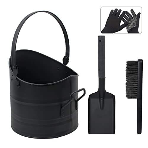 Poofzy Ash Bucket for Fireplace, 2.6 Gallon Metal Fireplace Ash Bucket for Wood Stove, Includes Shovel, Broom and Gloves Indoor & Outdoor - size: 2.6 Gallon (Black)
