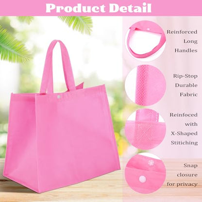 Boao 48 Pack Reusable Grocery Bags 13''L x 9.4''W x 15''H Large Foldable Shopping Tote Bag Non Woven with Handle and Button - color: Pink
