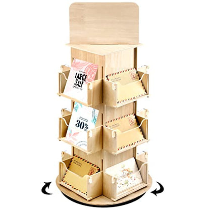 Spiareal Rotating Display Stand 3 Tier Rotating Sticker Display Stand Wooden Greeting Card Stand Multi Pocket Photo Holders Stand for Retail Craft Showcase(Wood)