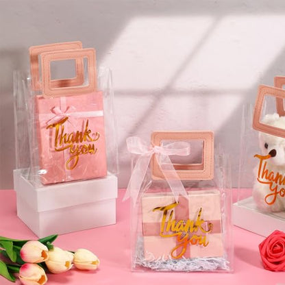 Sabary 12 Pcs Clear Gift Bag with Handle Thank You Gift Handbag, Pink - color: Pink