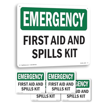 First Aid And Spills Kit OSHA Emergency Rigid Plastic Sign 14 Inch x 10 Inch - 5 Pack - color: Plastic, size: 5 Pack of 14" x 10"