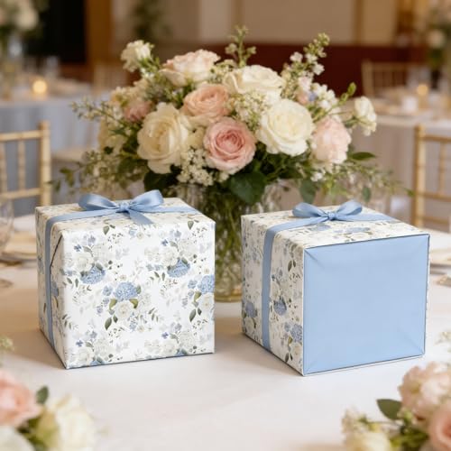 Cuitpan Reversible Floral Wrapping Paper Roll – Blue Hydrangea & White Rose, Light Blue on Back Side, Gift Wrap for Wedding, Bridal Shower, Anniversary, Mother's Day, Birthday, 17 Inches x 16.5 Feet - color: Floral-Blue