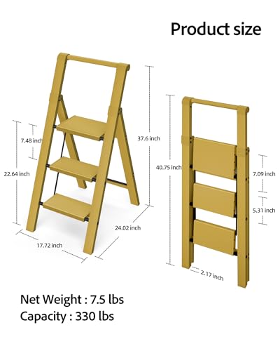 Taranta 3 Step Ladder,Aluminum Step Stool Foldable-Twilight Yellow - color: Twilight Yellow, size: 3 Step