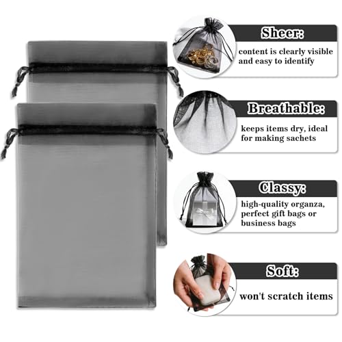 Sukh Black Organza Bags 5"x7" - 100PCS Small Mesh Drawstring Gift Bags - color: Black, size: 100 Count (5 x 7 Inches)