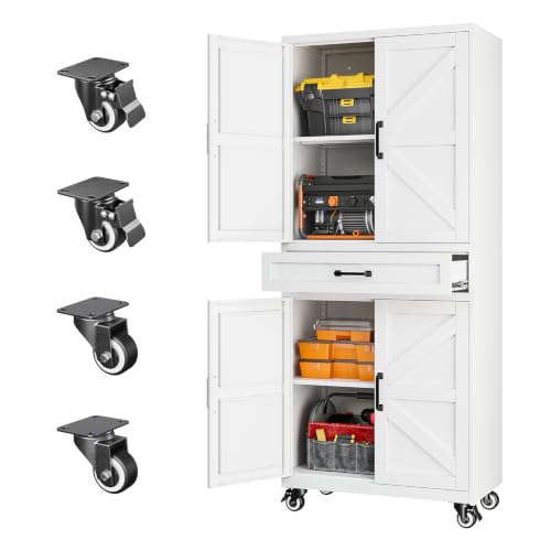 Letaya Metal Garage Storage Cabinets with Wheels,White Rolling Tool Cabinet - color: White, size: 15.7” D x 32” W x 73” H
