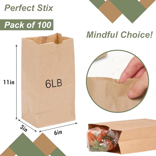 Perfect Stix - Brown Bag 6-100 6lb Brown Paper Lunch Bags - Pack of 100ct