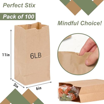 Perfect Stix - Brown Bag 6-100 6lb Brown Paper Lunch Bags - Pack of 100ct