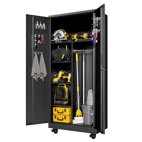 Metal Garage Storage Cabinet on Wheels, Lockable Broom Closet Cabinet - color: Black, size: Rolling - Tall 2 Doors & Hanging Rod