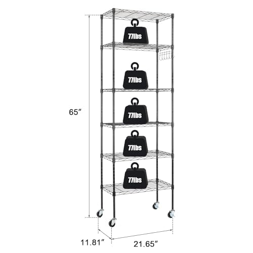 6-Tier Shelf, Adjustable Wire Metal Rack Shelving, Heavy Duty Standing Storage Shelves, Garage, Kitchen, Office, Bathroom, Shelfs Easy Assembly, 22" W x 12" D x 65" H Wheels, Black - color: Black, size: 6-tier 21.65"W x 11.81"D x 65"H Wheels