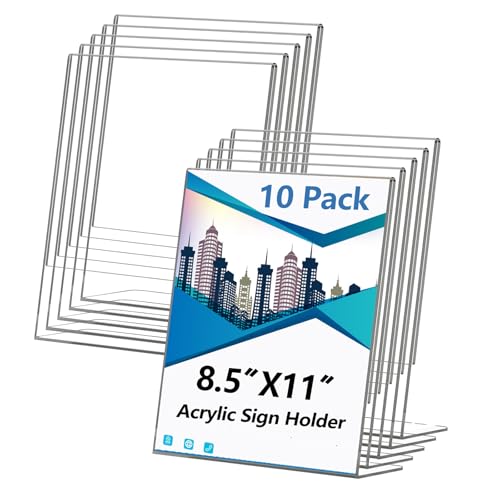 Acrylic Sign Holder 8.5x11 Inches, 10 Pack Clear Plastic Table Flyer Display Stand, L-Shape Vertical Menu Paper Holder Stand, Clear Picture Photo Flyer Display Stand for Restaurants, Store Fair,Office - size: 10 Pack-L Shape-8.5X11