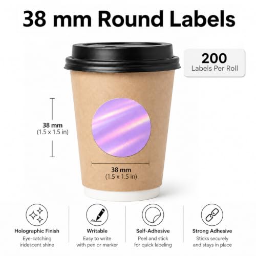 Round Holographic Purple Thermal Label 1.5 in Vinyl Sticker 200 PCS - color: Holographic Purple, size: 1.5 × 1.5 Inch