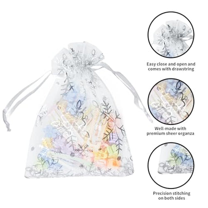 YHJZ 50PCS Snowflake Organza Bags, 4x6 inches Small Christmas Gift Bags with Drawstring, Mesh Bags for Gift (White Christmas) - color: Christmas Clear