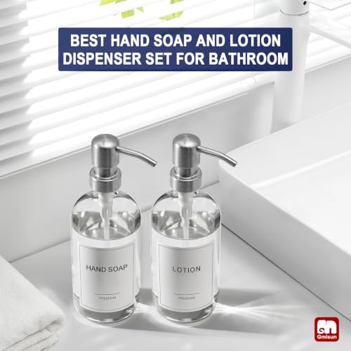 GMISUN Glass Soap Dispenser with Pump, 2 Pack Clear Bathroom Hand Soap Dispenser with Stainless Steel Pump, 17 Fl Oz Refillable Kitchen Hand and Dish Soap Dispensers Set, Modern Liquid Pump Bottles - color: Clear Bottle + Silver Pump, size: 2 Pack