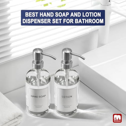 GMISUN Glass Soap Dispenser with Pump, 2 Pack Clear Bathroom Hand Soap Dispenser with Stainless Steel Pump, 17 Fl Oz Refillable Kitchen Hand and Dish Soap Dispensers Set, Modern Liquid Pump Bottles - color: Clear Bottle + Silver Pump, size: 2 Pack