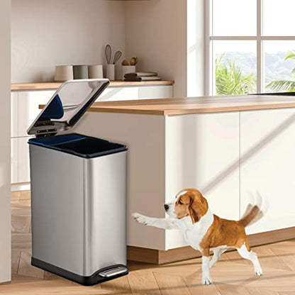 Home Zone Living 13 Gallon Kitchen Trash Can with Dual Compartments - color: Brushed Silver