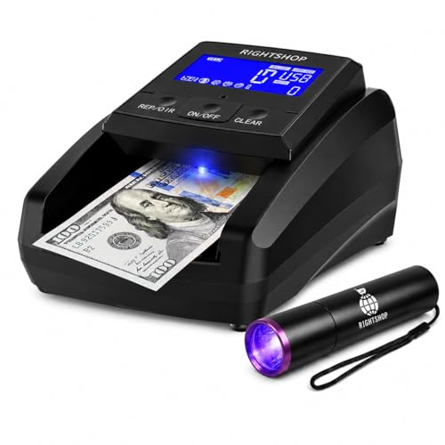 Counterfeit Bill Detector Machine with UV Flashlight, IR MG UV Detection - Fake Bill Checker for USD, EUR & GBP, Cash Value Calculator with Automatic 4-Way Orientation