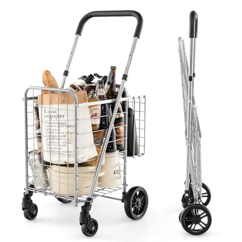 Goplus Folding Shopping Utility Cart, Double Basket and 360° Swivel Wheels, Adjustable Handle, Small Cart Perfect for Grocery Laundry Book Luggage Travel - color: Silver