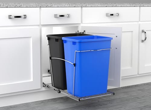 Rev-A-Shelf Double Pullout Garbage Trash Cans for Kitchen Cabinets, 35 Qt - color: Blue & Black
