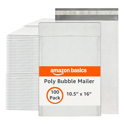 Amazon Basics Poly Bubble Self-Seal Mailers, Water-Resistant, Tear-Resistant, 10.5" x 16", White/Grey, 100-Pack - style: 10.5" x 16"
