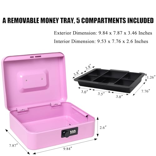 Jssmst Large Cash Box with Combination Lock - Durable Metal Cash Box with Money Tray, Light Purple (9.84 x 7.87 x 3.46) - color: Light purple, size: Large