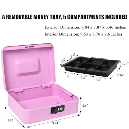 Jssmst Large Cash Box with Combination Lock - Durable Metal Cash Box with Money Tray, Light Purple (9.84 x 7.87 x 3.46) - color: Light purple, size: Large