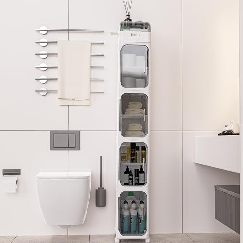 BINSIO 5-Tier Tall Narrow Storage Cabinet, Slim Rolling Storage Cabinet with Clear Doors, Adjustable Shelves, Foldable Organizer for Laundry Room, Kitchen Pantry, Utility Room and Small Spaces