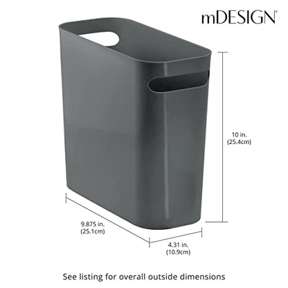 mDesign Plastic Small Trash Can, 1.5 Gallon/5.7-Liter Wastebasket, Narrow Garbage Bin with Handles for Bathroom, Laundry, Home Office - Holds Waste, Recycling, 10" High, Aura Collection, Charcoal Gray - color: Charcoal