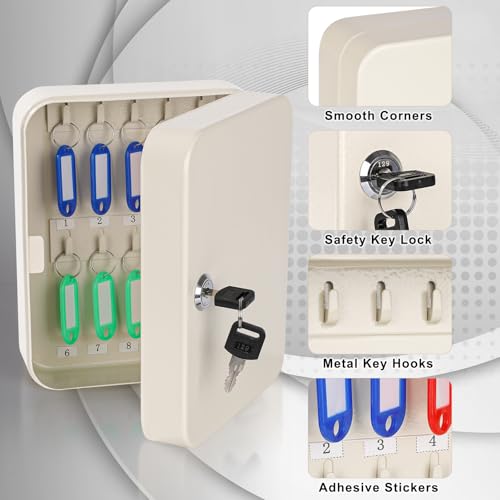 KYODOLED Key Box Wall Mount, 20-Key Steel Cabinet, Key Lock, Beige - color: Beige-01