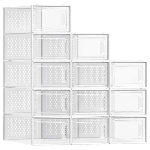 SONGMICS Shoe Boxes, Clear Plastic Sneaker Box, Pack of 12 - color: Transparent + White, size: L-12pcs