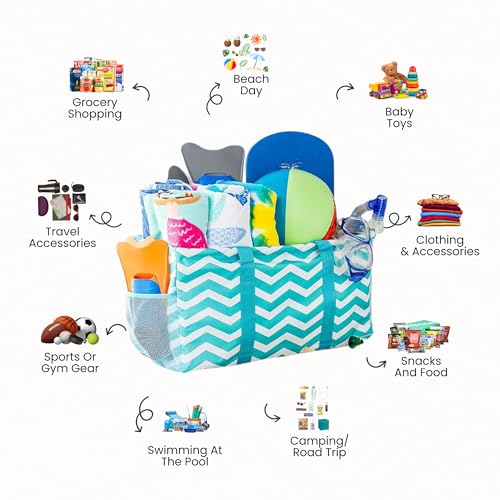 Extra Large Utility Tote Bag - Oversized Collapsible Beach Bag - Chevron Teal - color: Chevron Teal