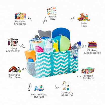 Extra Large Utility Tote Bag - Oversized Collapsible Beach Bag - Chevron Teal - color: Chevron Teal