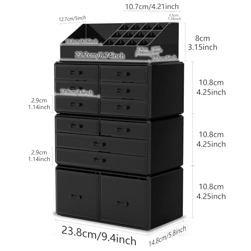 Readaeer Makeup Cosmetic Organizer Storage Drawers Display Boxes Case with 12 Drawers (Black) - color: Black