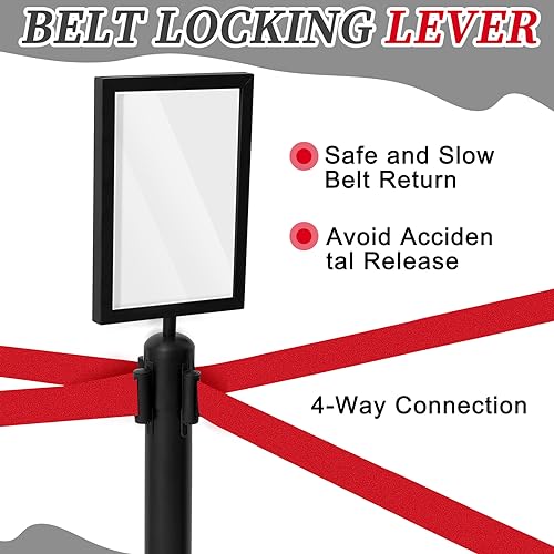 Therwen 6 Pack Heavy Duty Crowd Control Stanchions 9.8 ft Stainless Steel Stanchion Set with Safety Barrier Post Retractable Belt and Sign Holder Crowd Control Barrier(Red Belt, Black) - color: Black, size: Red Belt