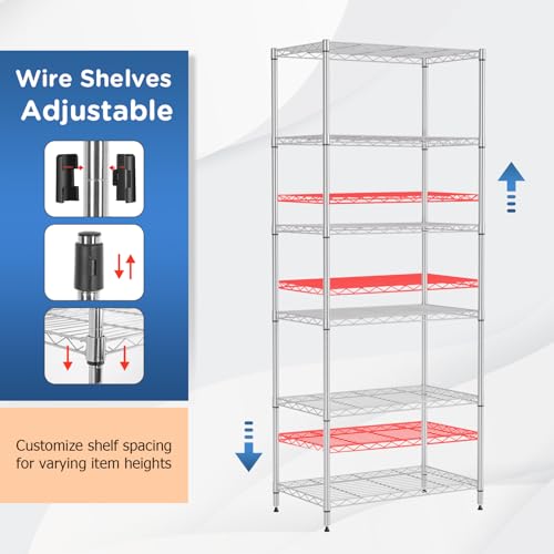 FDW | 6-Tier Wire Shelf | 23" x 13" x 59" | Chrome - color: Chrome, size: 6-Shelf No Wheels