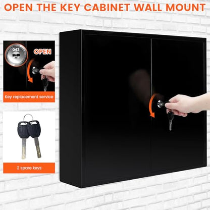 440 Keys Dual-Door Key Lock Box Wall Mount with 20 Adjustable Hook Plates - color: Black, size: 440 Keys