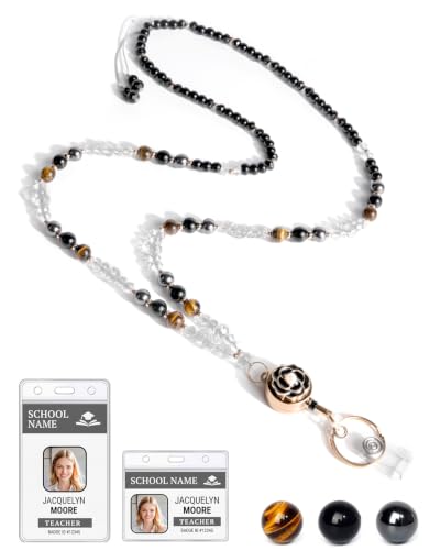 Teacher Lanyards for ID Badges and Keys, Flower Badge Reel, Natural Stone - color: Black Obsidian