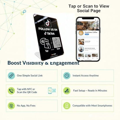 Follow Us Sign for TikTok (Large Size: 6.3 in ×4.45 in) – NFC QR Code Social Media Tap Card Stand, Reusable Tap or Scan, No App or Fees, Easy Setup, Social Media Sign Counter Display - size: Standard, style: TK Stand