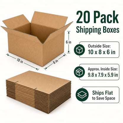 10x8x6 Brown Kraft Shipping Boxes for Small Business, 20 Pack - size: 10x8x6 Inch