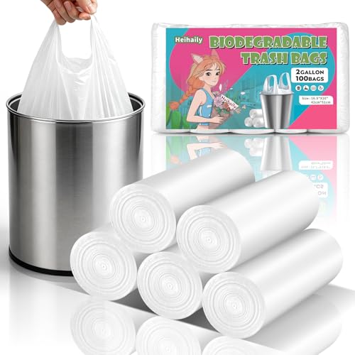 2 Gallon Small Bathroom Trash Bags Biodegradable With Handles - color: Bio-2Gal-White100