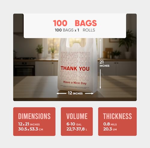 T-Shirt Bags Printed “Thank You” 21x12 Inches, 0.8 Mil Thick, 100 Count – Durable Plastic Carry Bags with Handles, Leak-Proof & Tear-Resistant, 20 Gallon Capacity, Recyclable Grocery & Restaurant Use