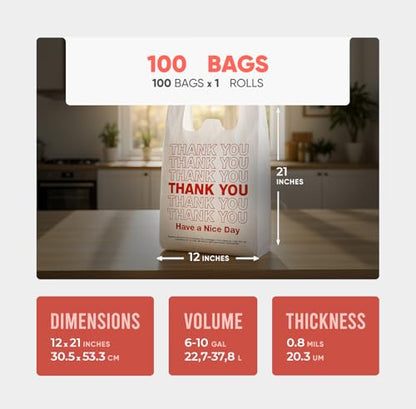 T-Shirt Bags Printed “Thank You” 21x12 Inches, 0.8 Mil Thick, 100 Count – Durable Plastic Carry Bags with Handles, Leak-Proof & Tear-Resistant, 20 Gallon Capacity, Recyclable Grocery & Restaurant Use