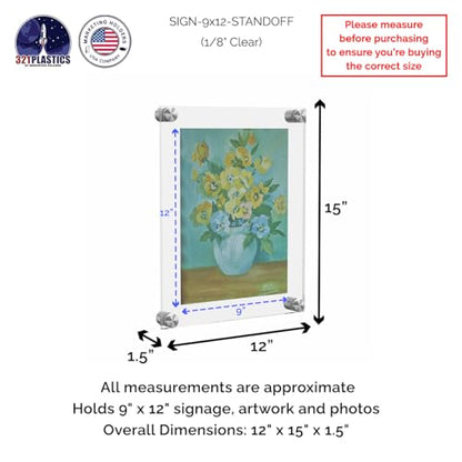 Wall Sign Holders Clear Acrylic 9 x 12 Frame with Silver Standoffs Overall Dimensions: 12" x 15" x 1.5" Peel Protective Film Door Name for Hotels Medical Conference Room Marketing Holders - size: 9 x 12 inches